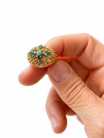 Ring - 18 karaat Geel goud Turquoise - Turquoise -, Handtassen en Accessoires, Nieuw
