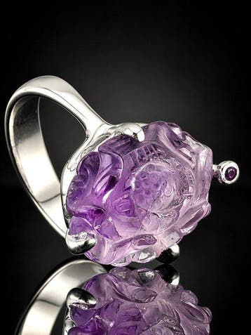 Amethist Bloemenring - Sterling Zilver 925 - Gesneden Paarse