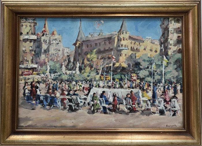 Joan Escayola Blanch (1908-?) - Celebración urbana, Antiek en Kunst, Kunst | Schilderijen | Klassiek