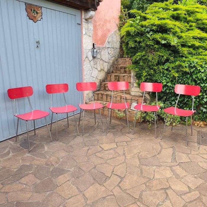 Stoel - gechromeerd staal en Formica - Set van zes vintage, Antiek en Kunst, Kunst | Designobjecten