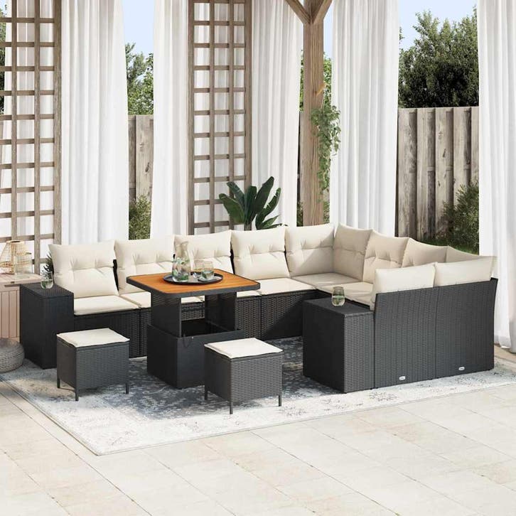 vidaXL Tuinbank Set met kussen 12 pcs Zwart poly rattan, Tuin en Terras, Tuinsets en Loungesets, Nieuw, Verzenden