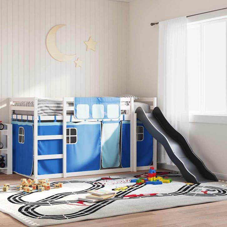 vidaXL Stapelbed met glijbaan en gordijnen blauw 90x200 cm, Maison & Meubles, Chambre à coucher | Lits, Envoi