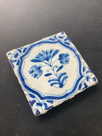Tegel - Antieke Delfts blauwe tegels met een drietallen in, Antiek en Kunst
