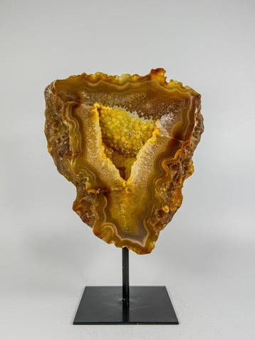 Very rare natural agate with crystal portal geode on stand