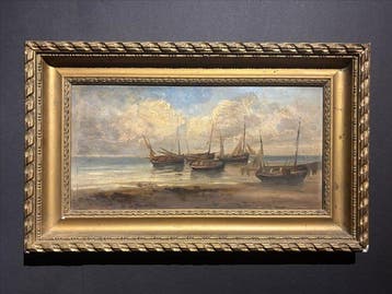Franse school (XIX) - Marine. Barques sur la grève, huile