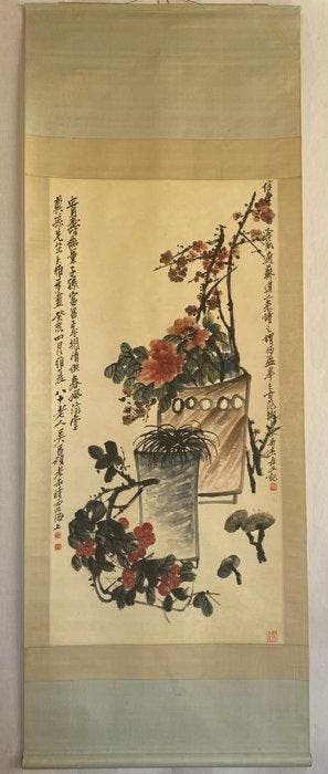 Set met Chinese kalligrafie en bloemenschilderij, inkt en