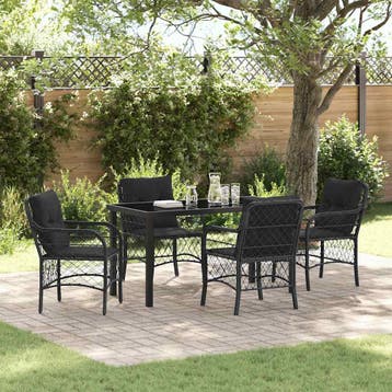 vidaXL Tuin Eettafel Set met kussen 5 pcs Zwart poly rattan, Tuin en Terras, Verzenden, Nieuw