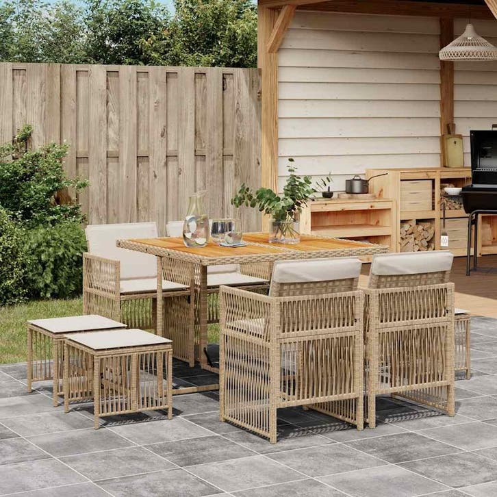vidaXL 9-delige Tuinset met kussens poly rattan beige, Tuin en Terras, Tuinsets en Loungesets, Tuinset, Nieuw, Verzenden