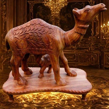 Handcrafted Wooden Camel & Calf Sculpture - Blikken, Antiek en Kunst