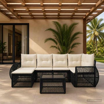 vidaXL Tuinbank Set 7 st Zwart en Crème Wit poly rattan, Verzenden, Nieuw