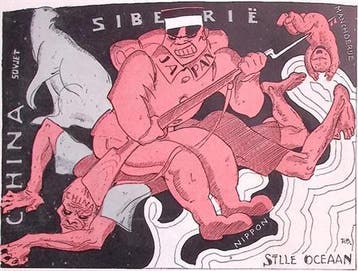 Japan valt China aan in Mantsjoerije op spotprent (Lithos), Verzenden