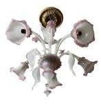 Lustre - en verre de Murano blanc, soie et rose, 5 lumières, Antiquités & Art