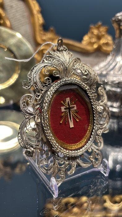 Antiek Reliekhouder - Zilver, Glas, Textiel - 1800-1850 -, Antiquités & Art, Art | Art non-occidental