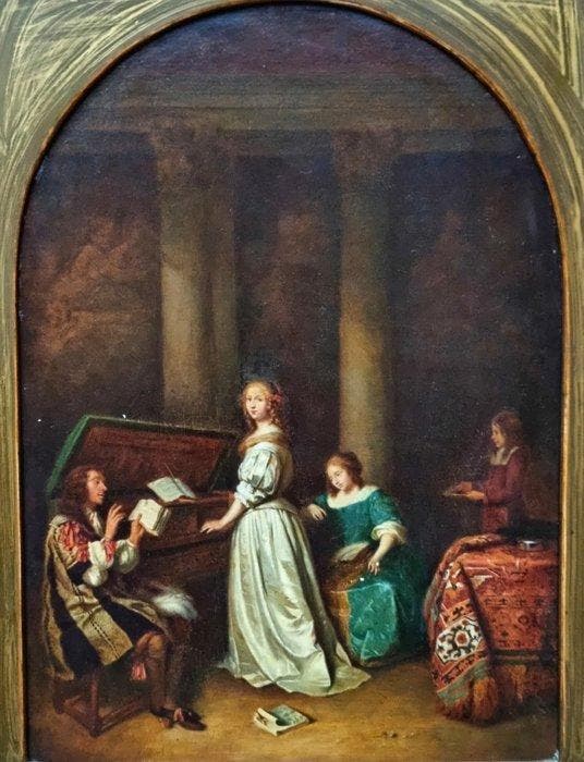 After Caspar Netscher (XIX) - Singing lesson, Antiquités & Art, Art | Peinture | Classique