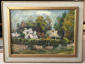 Rob Verbunt (1931-2010) - Boerderij met haag en bloesembomen