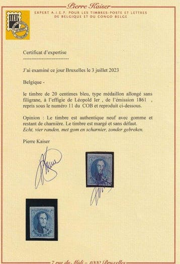 België 1861 - 20c blauw, medaillon ongetand zonder, Gestempeld