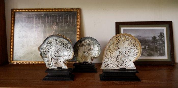 Intricaat gesneden parelmoer schelp - menselijk, Antiquités & Art, Art | Objets design