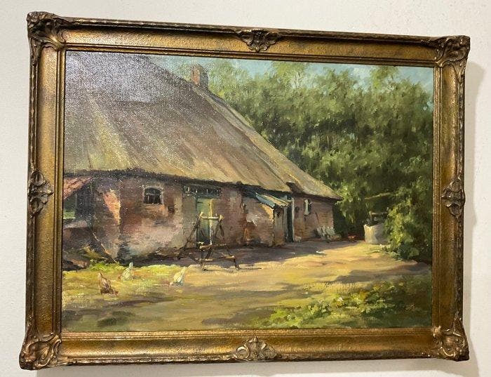 Hollandse school (XX) - Boerderij met kippen, Antiek en Kunst, Kunst | Schilderijen | Klassiek