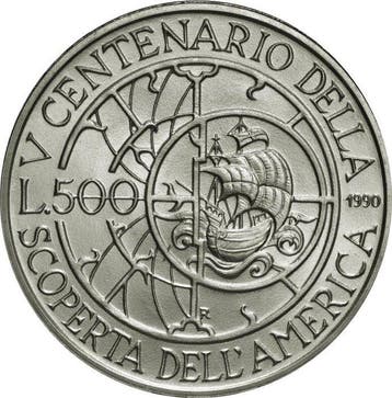 Italië. 500 Lire 1990 500° Anniversario della scoperta