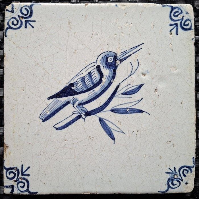 Tegel - 4 antieke tegels met vogels, waaronder ijsvogel. -, Antiek en Kunst, Antiek | Glaswerk en Kristal