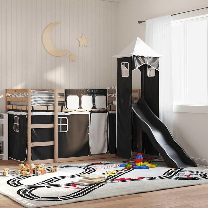 vidaXL Stapelbed met glijbaan en gordijnen wit en zwart, Huis en Inrichting, Slaapkamer | Bedden, Nieuw, Verzenden