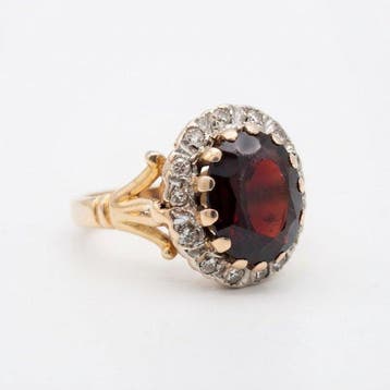 Zonder minimumprijs - Ring - 18 karaat Geel goud Granaat -, Handtassen en Accessoires, Nieuw