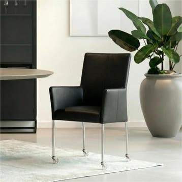 Set van 6 Leren eetkamerstoelen Comfort met wieltjes en, Ophalen of Verzenden, Nieuw, Leer