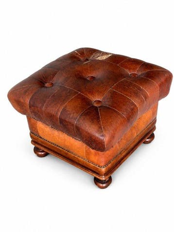stile chesterfield - Poef - Leder, Hout - Poef van leer, Antiek en Kunst