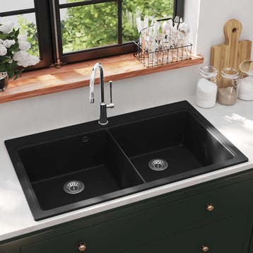 vidaXL Spoelbak opbouw graniet dubbele bak zwart, Huis en Inrichting, Verzenden, Nieuw
