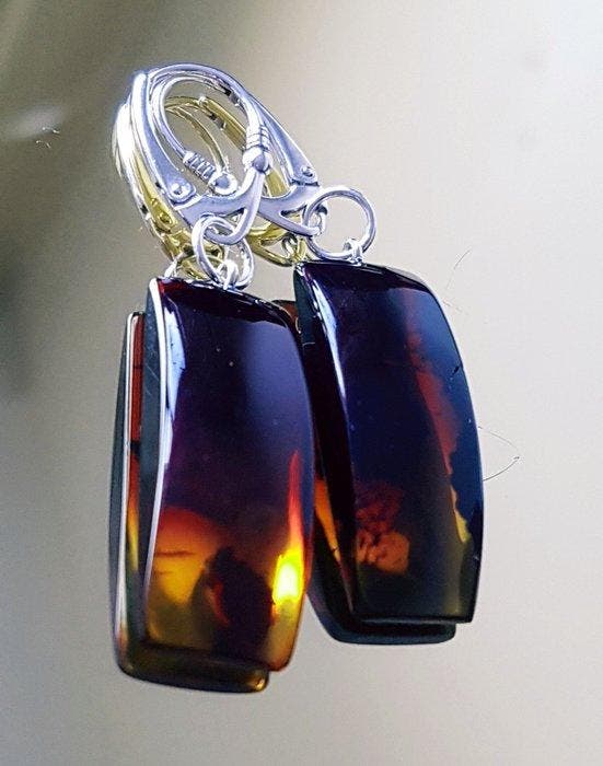 Zeldzame natuurlijke Baltische barnsteen oorbellen zilver -, Verzamelen, Mineralen en Fossielen