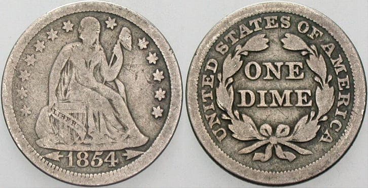 Dime 1854 Vereinigte Staaten von Amerika Seated Liberty, Postzegels en Munten, Munten | Amerika, Verzenden