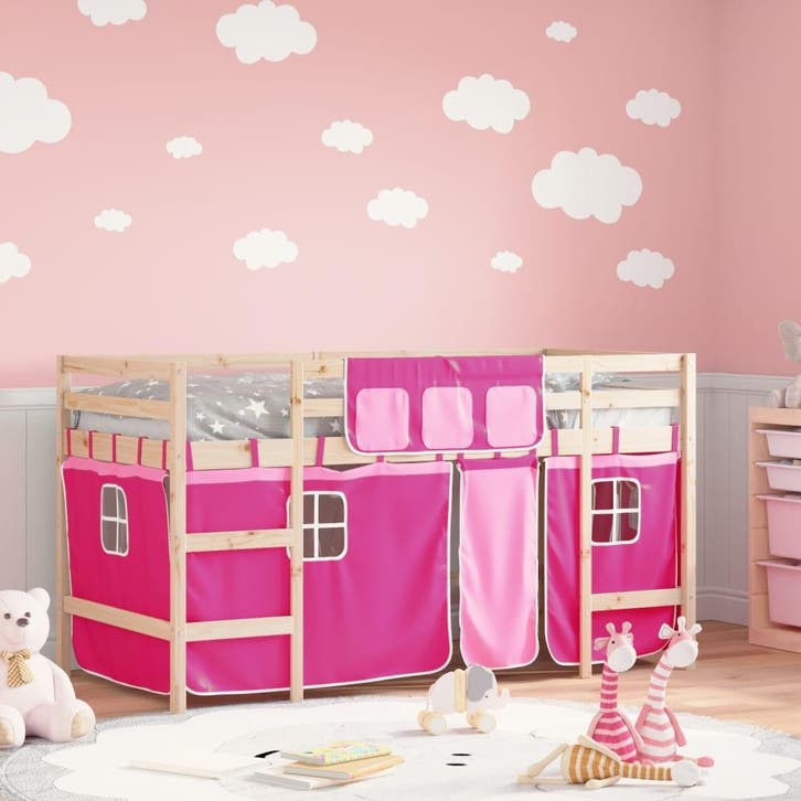 vidaXL Kinderhoogslaper met gordijnen 90x200 cm grenenhout, Maison & Meubles, Chambre à coucher | Lits, Envoi