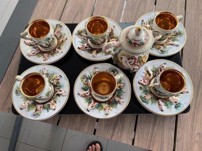 Koffieservies voor 6 (13) - Porselein, Verguld -, Antiek en Kunst, Antiek | Meubels | Tafels