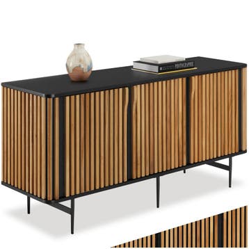 Dressoir Lineo, lamellenlook, 3 kastvakken - zwart/bruin, Huis en Inrichting, Kasten | Wandmeubels, Verzenden, Nieuw