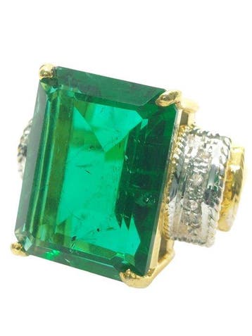 Zonder minimumprijs - Ring - 9 kt. Zilver, Geel goud Smaragd, Nieuw