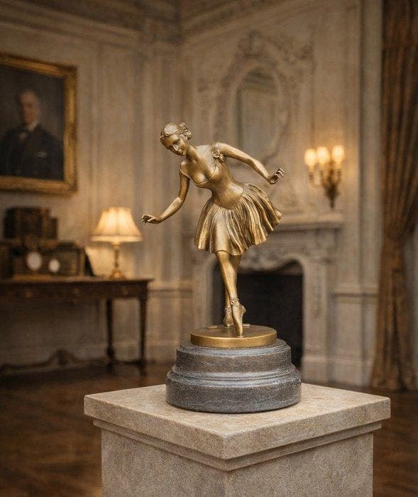 Beeld, Large Bronze Lady in Dress - 38 cm - Brons, Marmer -, Antiquités & Art, Curiosités & Brocante