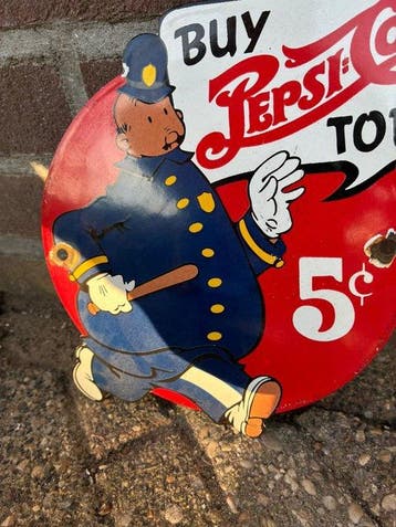 Vintage Pepsi-Cola reclamebord met politieagent – 5 cent –