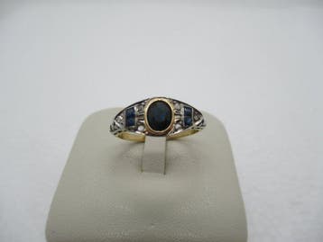 Bague - 18 carats Or jaune, Or blanc Saphir - Diamant