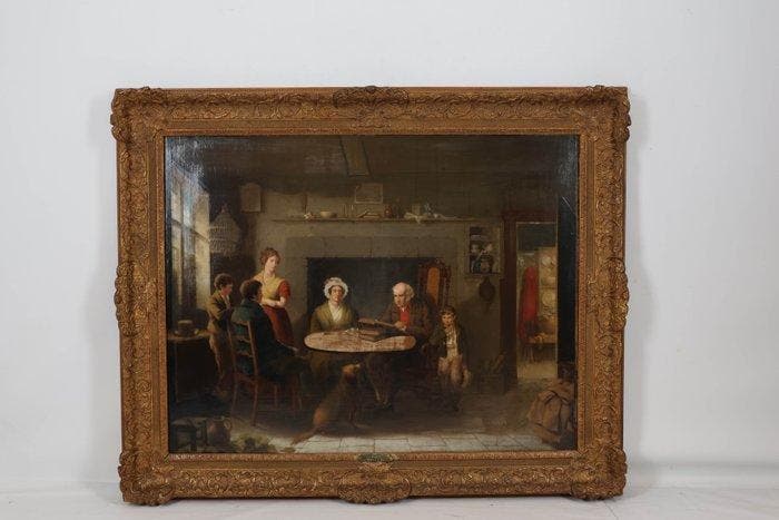 J. Wilkins (1801-1876) - Interieur met familie, Antiquités & Art, Art | Peinture | Classique