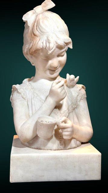 Buste, Fanciulla sorridente con uccellino - 60 cm - Carrara