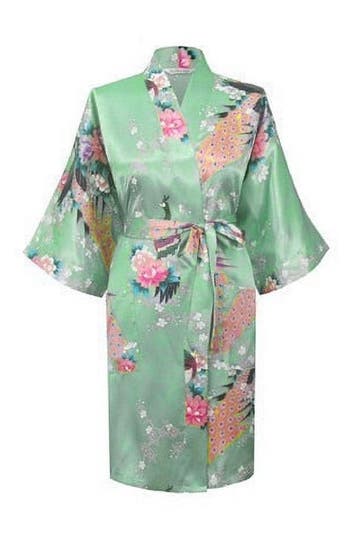 KIMU® Kimono Mintgroen Kort L-XL Yukata Satijn Boven de Knie, Ophalen of Verzenden, Nieuw