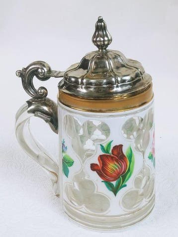Bierpul - Zilver 800 Glas Emaille - Kufel Biedermeier Zilver