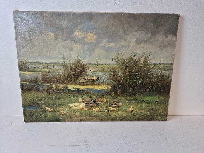 Jeroen Damstra (1898-1963) - Eenden aan de waterkant., Antiquités & Art, Art | Peinture | Classique
