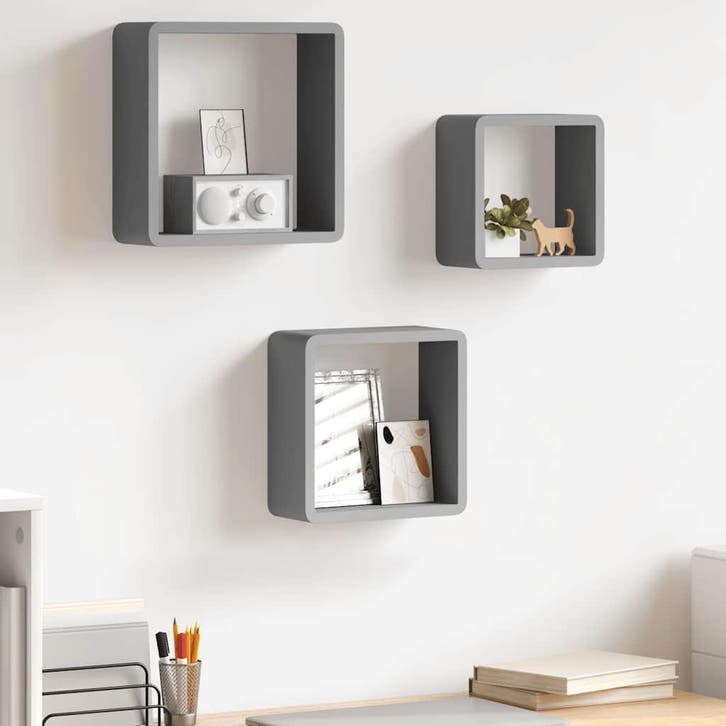 vidaXL Wandschappen kubus 3 st MDF grijs, Huis en Inrichting, Kasten | Wandmeubels, Nieuw, Verzenden