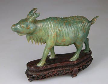 Geit - Dierenbeeldje - Sokkel van rozenhout - Serpentine