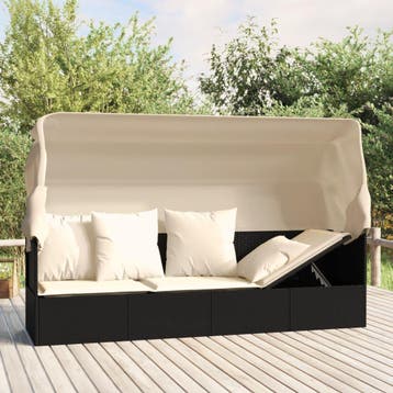 vidaXL Loungebed met luifel en kussens poly rattan zwart, Verzenden