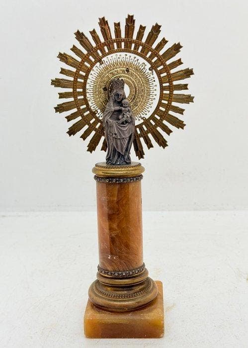 Figuur - Virgen en Pedestal - Zilver, Marmer, Antiquités & Art, Antiquités | Argent & Or