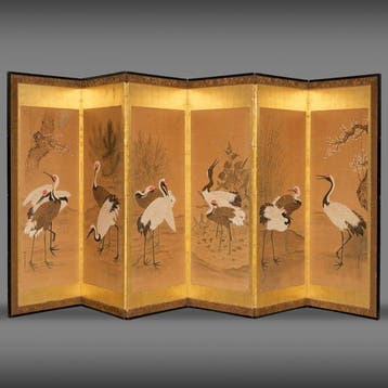 Vouwscherm met kraanvogels - Papier, Lak, Hout, Zijde - Sho