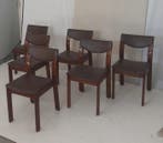 Stoel - Hout, Leder - Set van zes Italiaanse walnoothouten