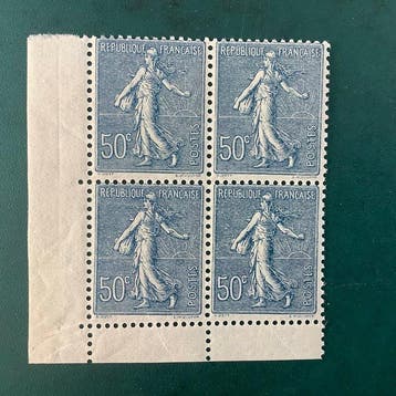 France 1921 - 50 centimes Semeuse en bloc de 4 - neuf sans, Gestempeld